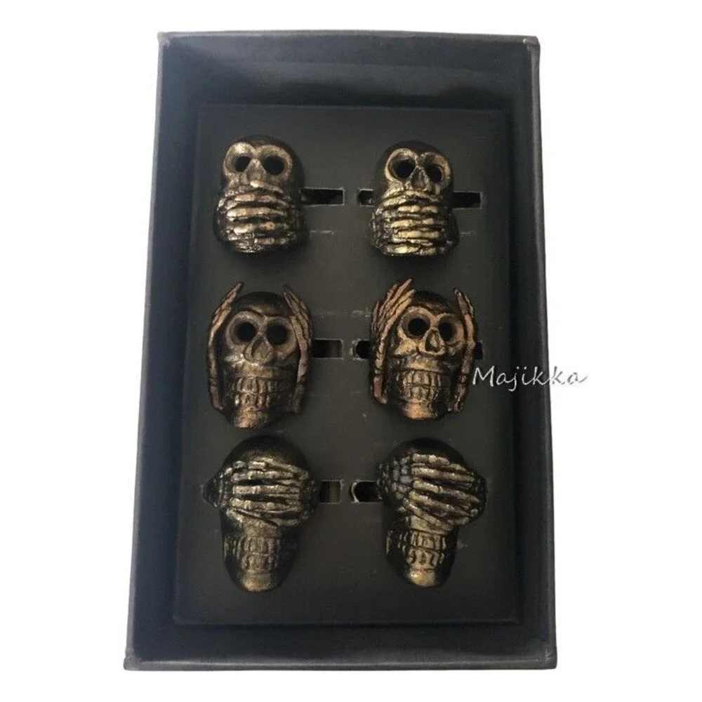 Rachel Zoe Skull Napkin Rings See Hear Speak No Evil Dark Gold Metal Set of 6